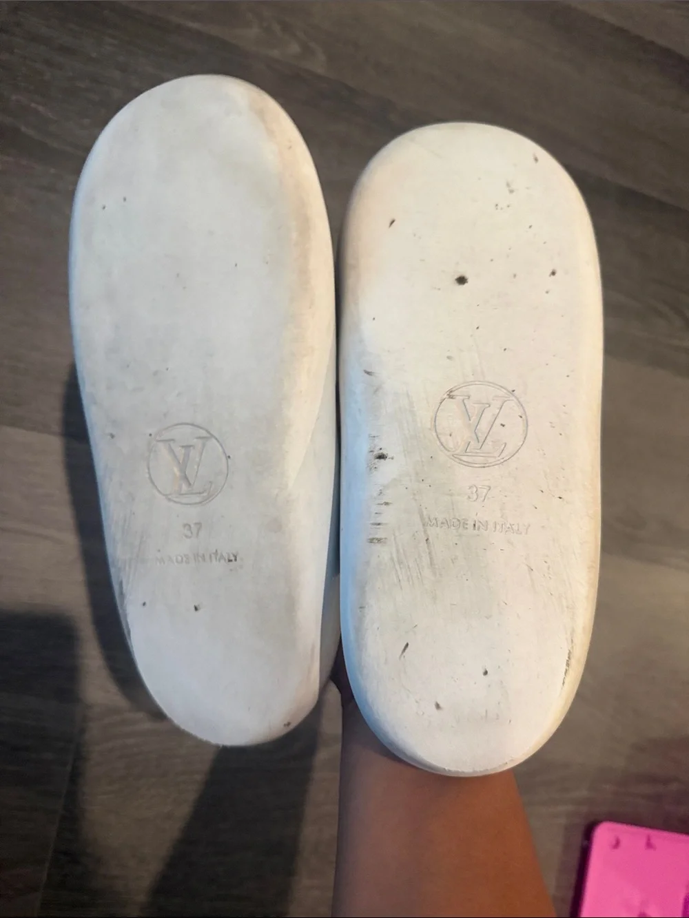 Louis Vuitton White and Brown Monogram Slide Sandals